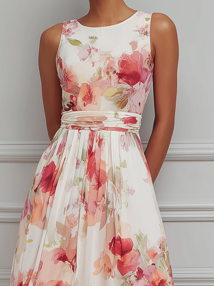 Soft Pleated Floral A-Line Midi Dress