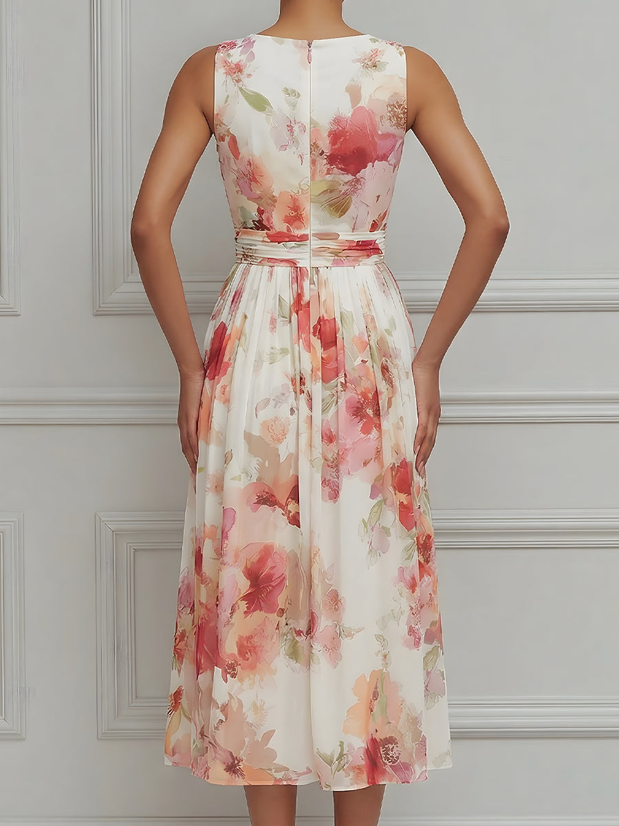 Soft Pleated Floral A-Line Midi Dress