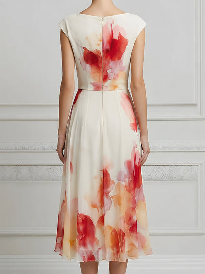 Bateau Neck Artistic Floral Midi Dress