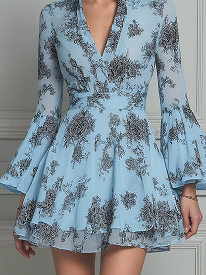 Ethereal Bell Sleeves Floral Chiffon Mini Dress