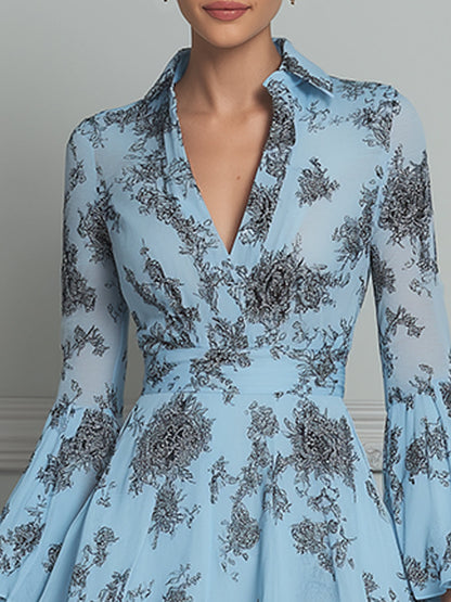 Ethereal Bell Sleeves Floral Chiffon Mini Dress