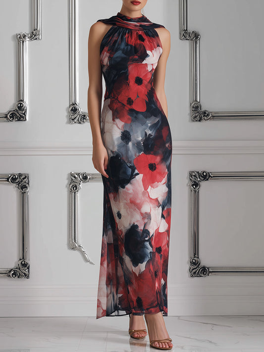 Impressionist Floral Halter Maxi Dress