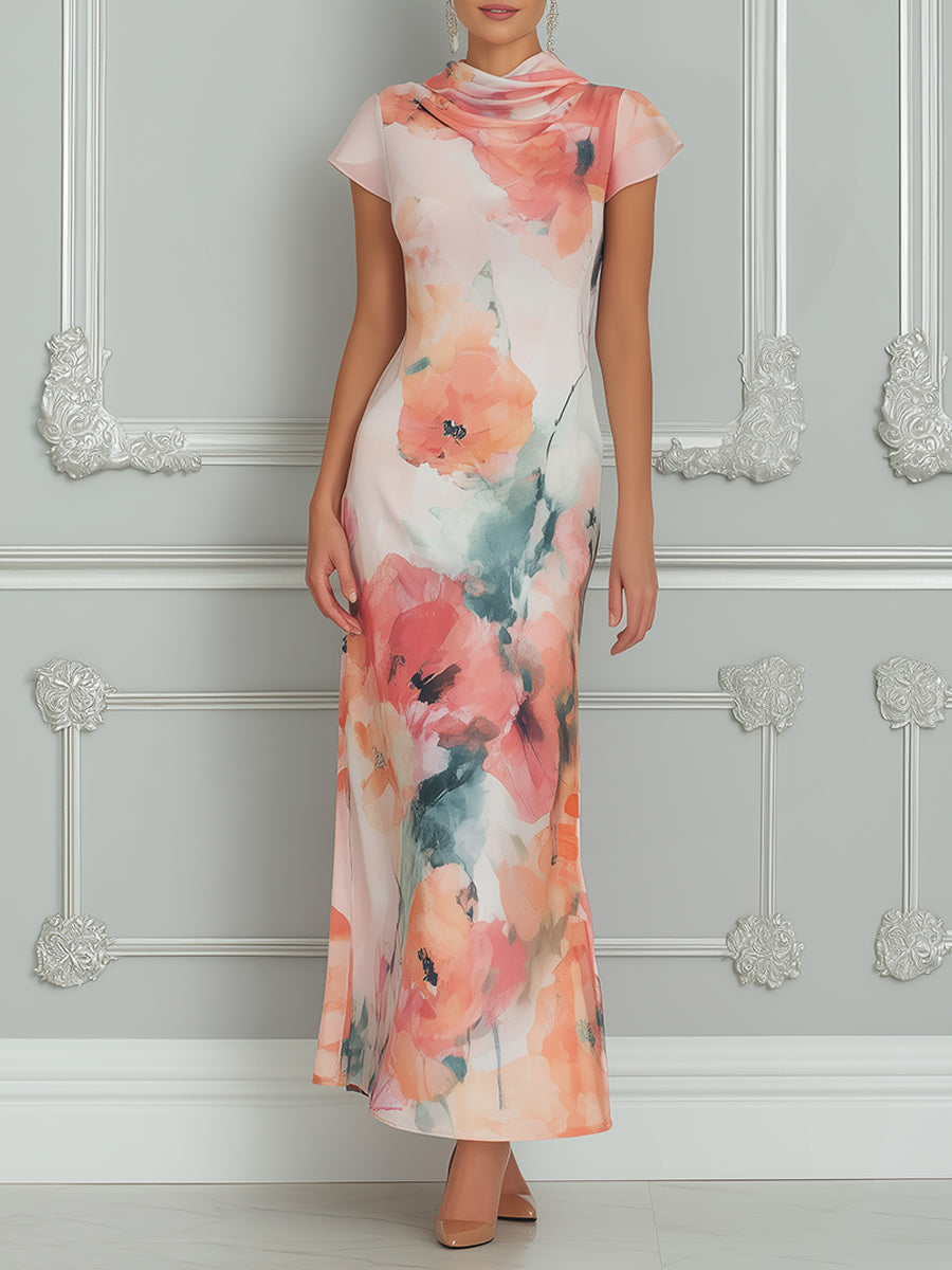 Watercolor Floral Cowl-Neck Maxi Dress