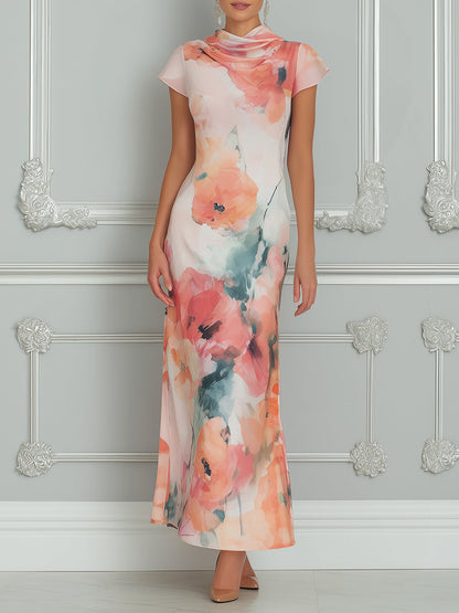 Watercolor Floral Cowl-Neck Maxi Dress