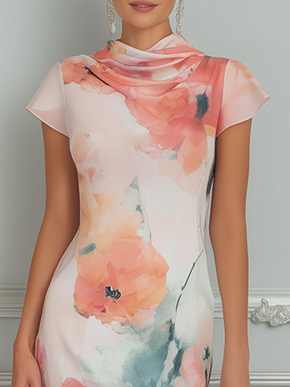 Watercolor Floral Cowl-Neck Maxi Dress