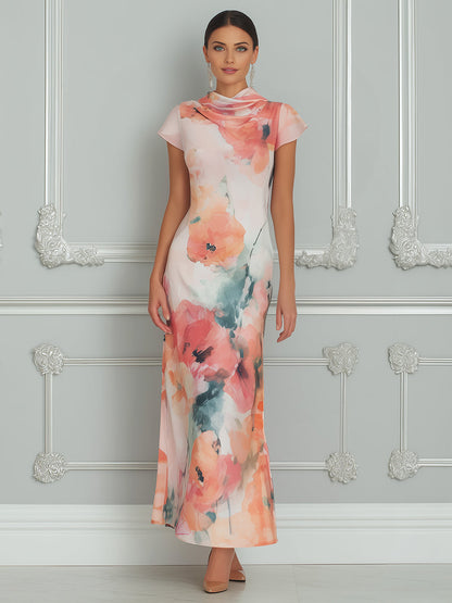 Watercolor Floral Cowl-Neck Maxi Dress