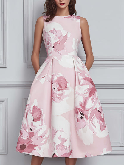 Floral Print Sleeveless A-Line Midi Dress With Structured Pleats