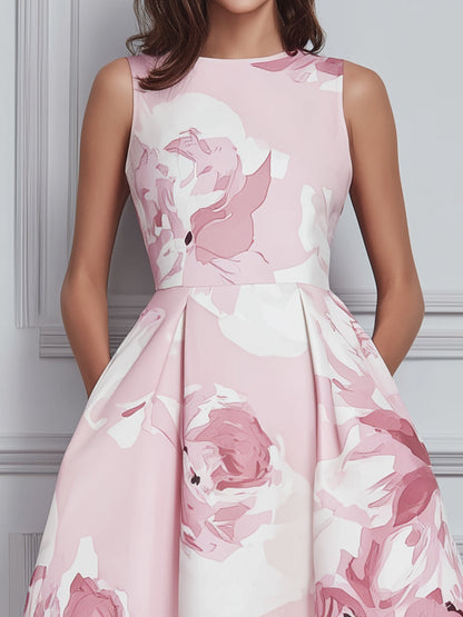 Floral Print Sleeveless A-Line Midi Dress With Structured Pleats