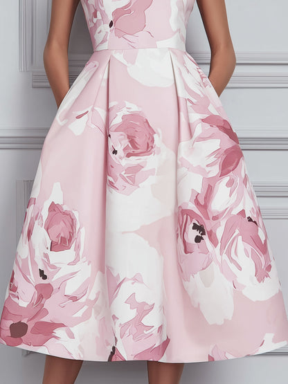 Floral Print Sleeveless A-Line Midi Dress With Structured Pleats