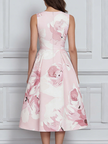 Floral Print Sleeveless A-Line Midi Dress With Structured Pleats