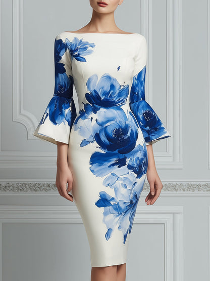 Floral Print Boat Neck Bell Sleeve Sheath Midi Dress
