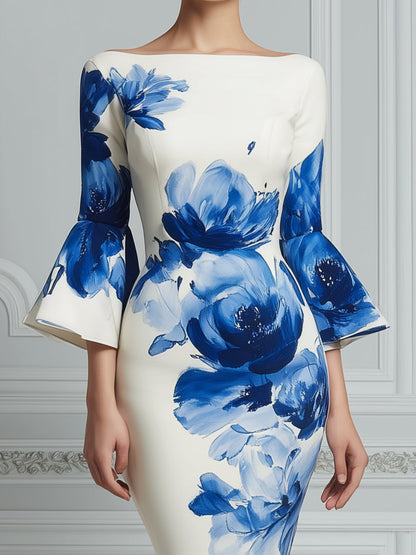Floral Print Boat Neck Bell Sleeve Sheath Midi Dress
