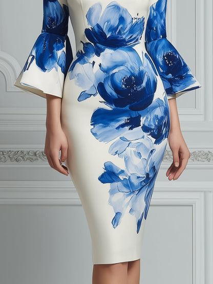 Floral Print Boat Neck Bell Sleeve Sheath Midi Dress
