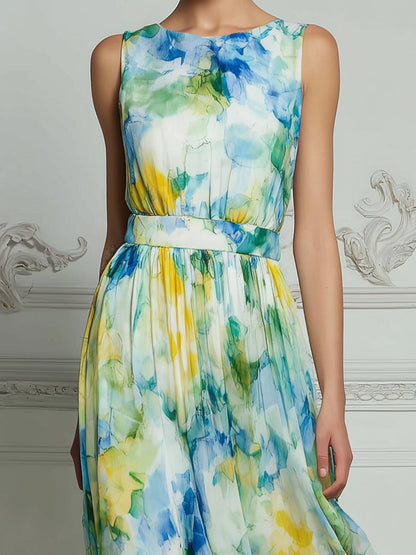 Watercolor Floral Sleeveless Cinched Waist Flowing Maxi Dress