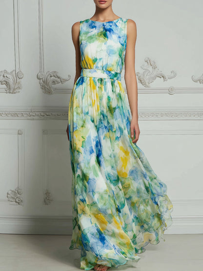 Watercolor Floral Sleeveless Cinched Waist Flowing Maxi Dress