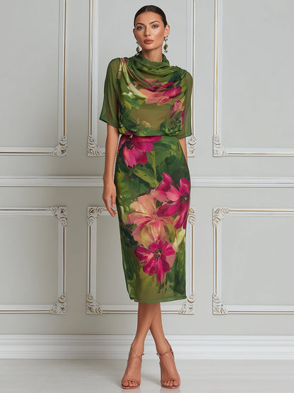 Botanical Grace Chiffon Cowl-Neck Midi Dress