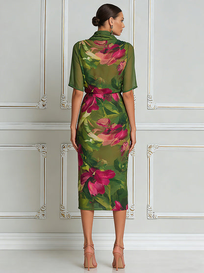 Botanical Grace Chiffon Cowl-Neck Midi Dress
