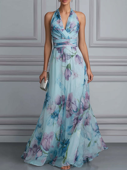 Halter V-Neck Ruched Waist Floral Flowing Maxi Dress