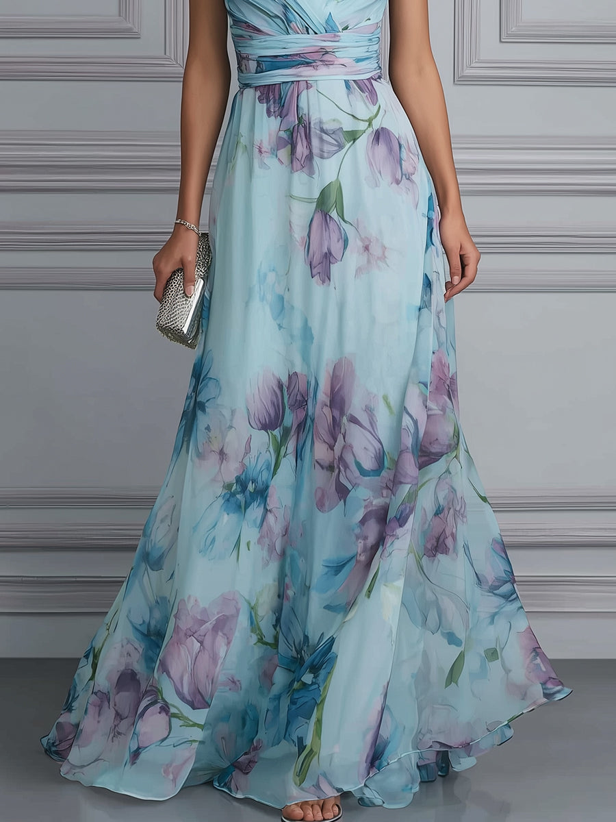 Halter V-Neck Ruched Waist Floral Flowing Maxi Dress