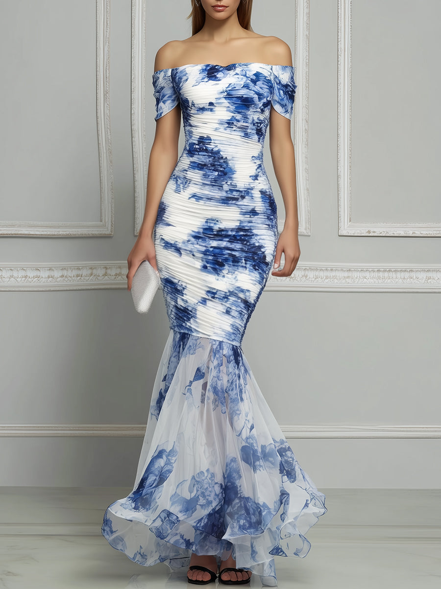 Off-Shoulder Ruched Floral Mesh Hem Mermaid Maxi Dress
