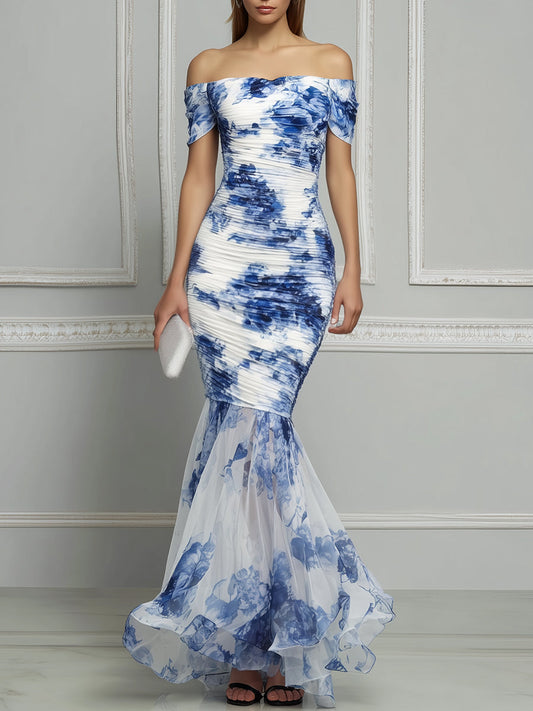 Off-Shoulder Ruched Floral Mesh Hem Mermaid Maxi Dress