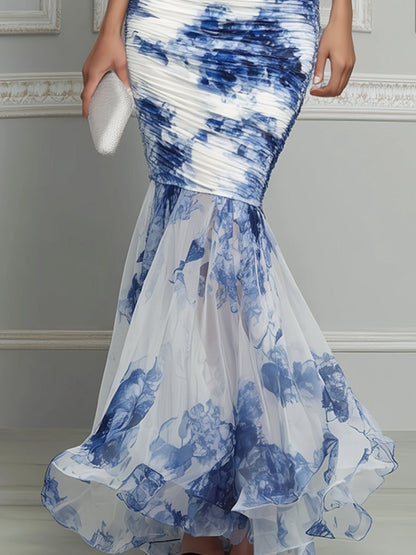 Off-Shoulder Ruched Floral Mesh Hem Mermaid Maxi Dress