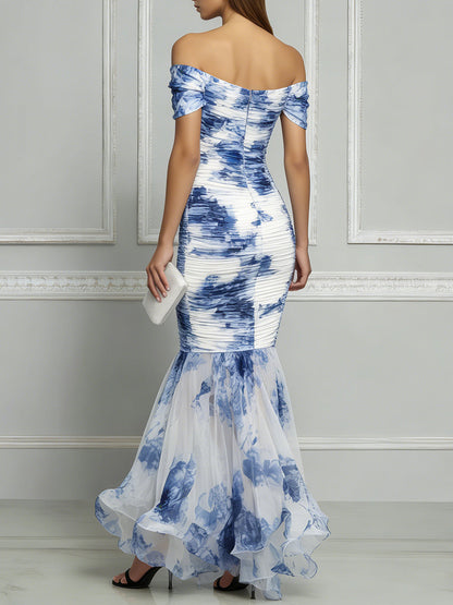 Off-Shoulder Ruched Floral Mesh Hem Mermaid Maxi Dress