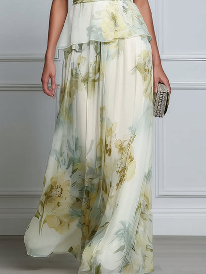 Layered Floral Sleeveless Peplum Waist Flowing Maxi Dress