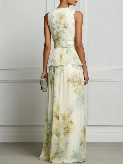 Layered Floral Sleeveless Peplum Waist Flowing Maxi Dress