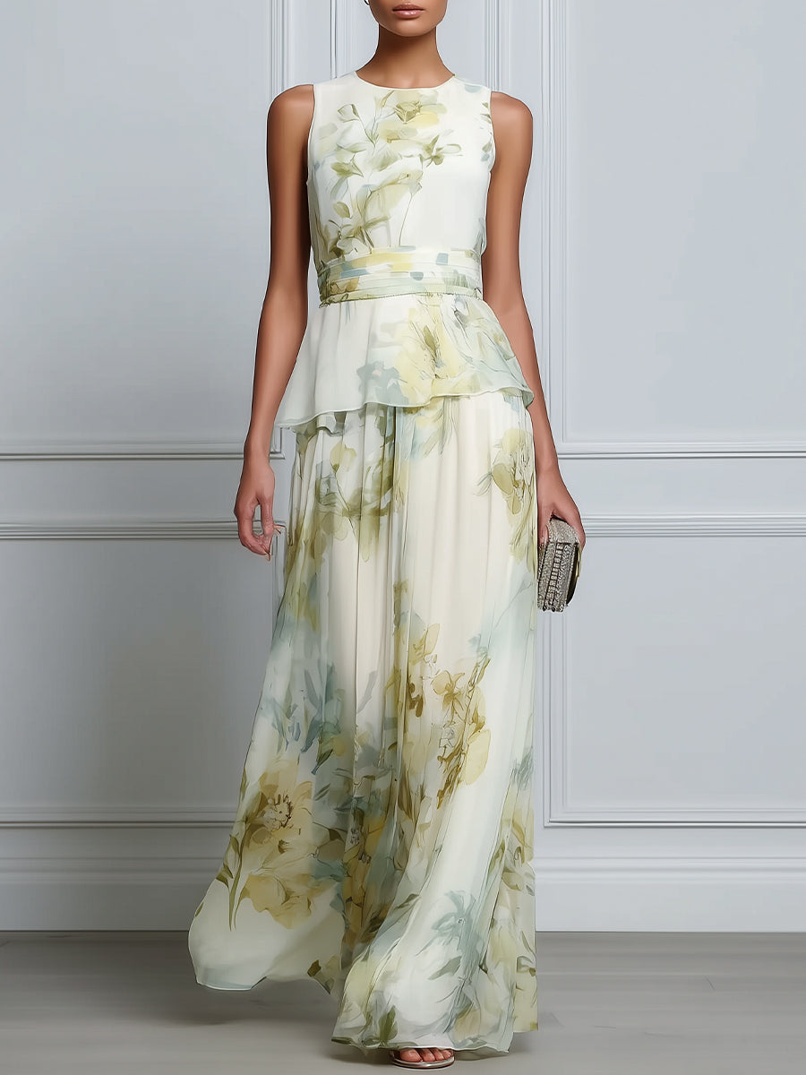 Layered Floral Sleeveless Peplum Waist Flowing Maxi Dress