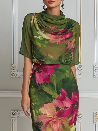 Botanical Grace Chiffon Cowl-Neck Midi Dress