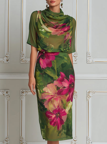 Botanical Grace Chiffon Cowl-Neck Midi Dress