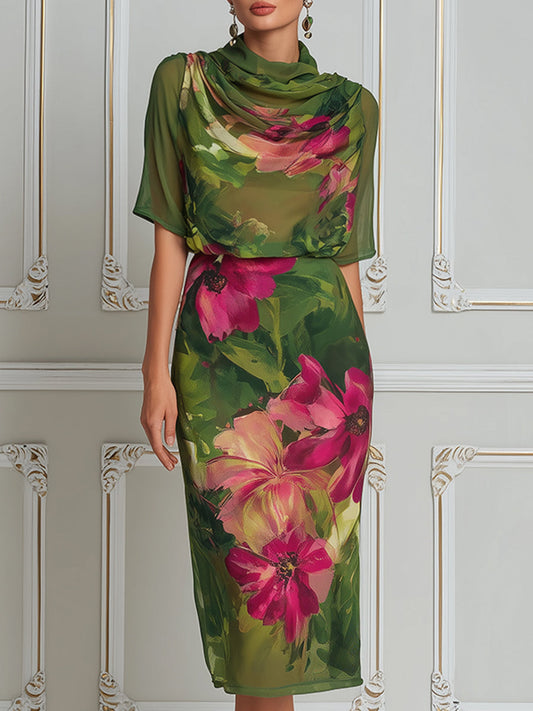 Botanical Grace Chiffon Cowl-Neck Midi Dress