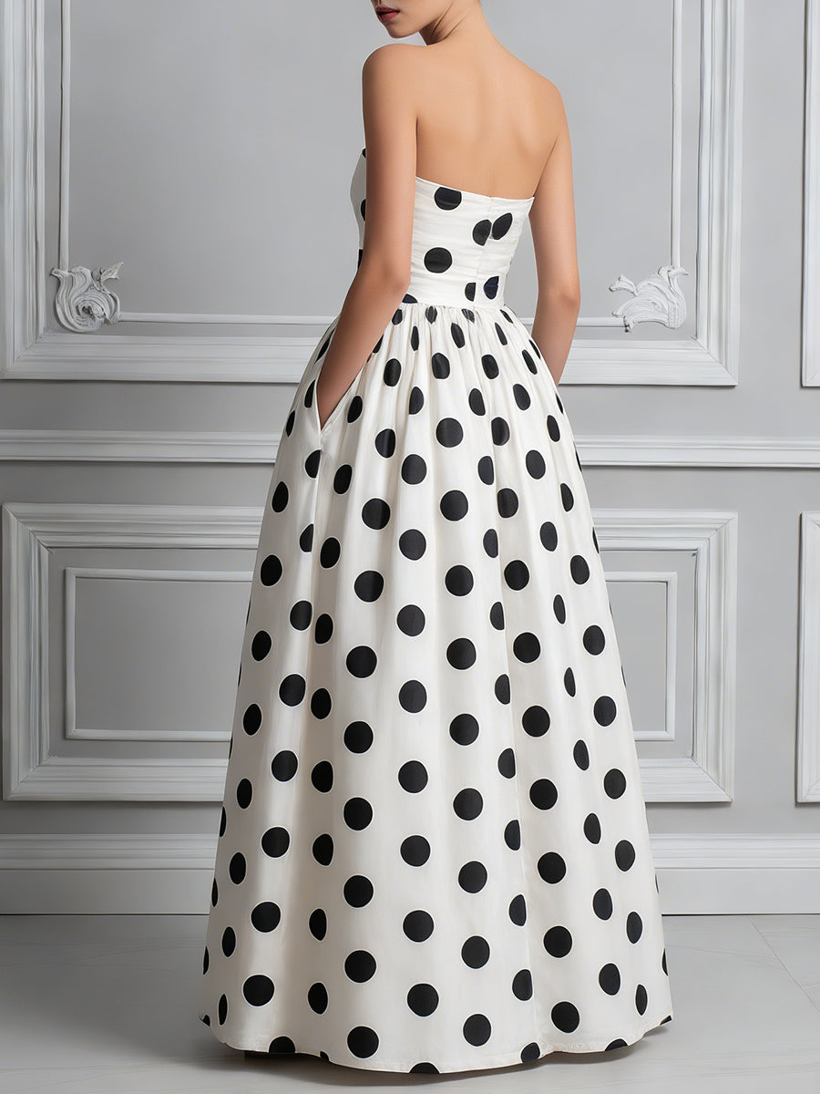 Strapless Polka Dot Bow Waist A-Line Maxi Dress