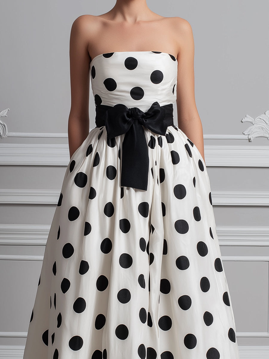Strapless Polka Dot Bow Waist A-Line Maxi Dress