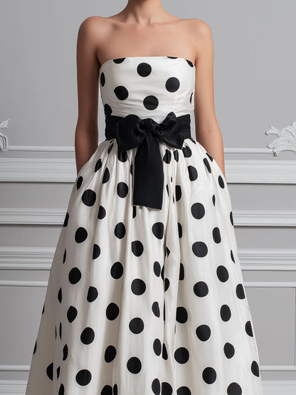 Strapless Polka Dot Bow Waist A-Line Maxi Dress
