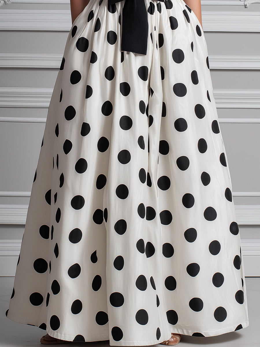Strapless Polka Dot Bow Waist A-Line Maxi Dress