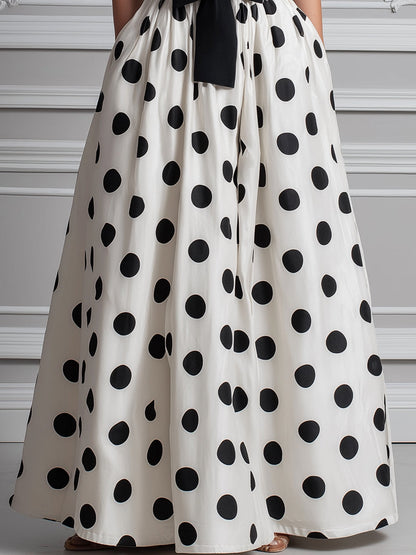 Strapless Polka Dot Bow Waist A-Line Maxi Dress