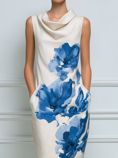 Sleeveless Cowl Neck Floral Print Sheath Midi Dress