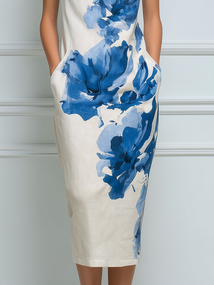 Sleeveless Cowl Neck Floral Print Sheath Midi Dress