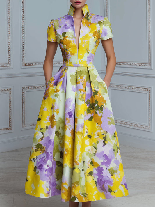 High Neck Structured Floral A-Line Midi Dress