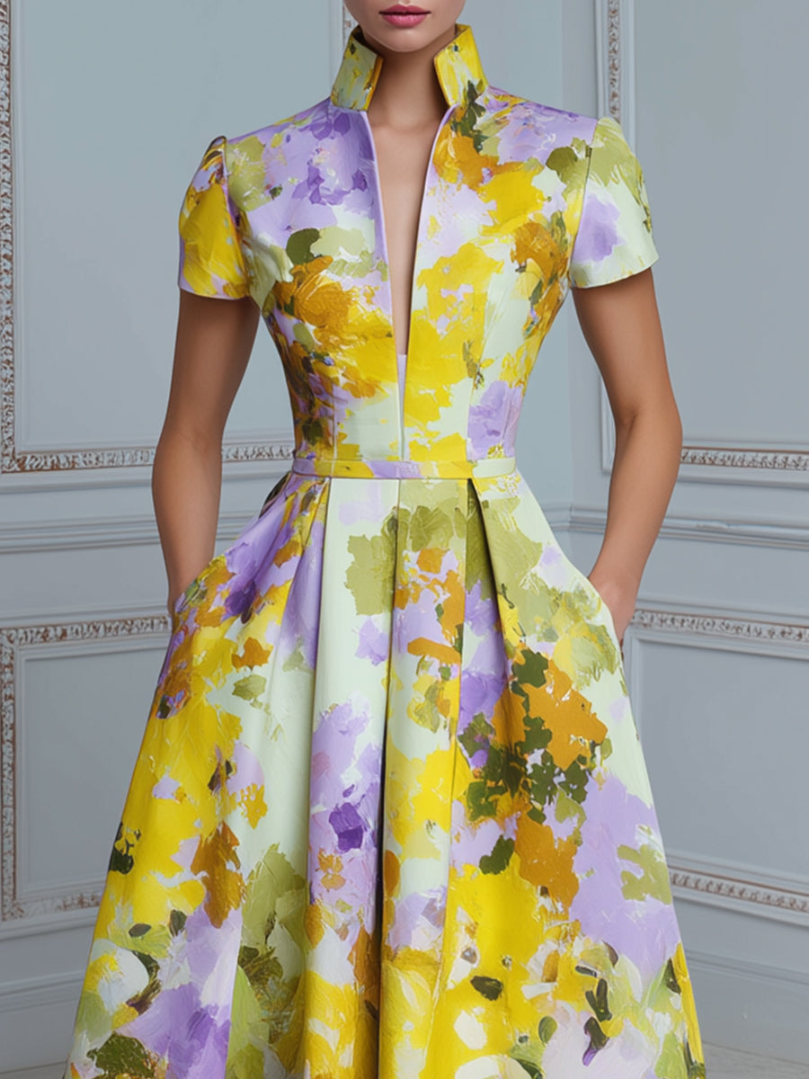 High Neck Structured Floral A-Line Midi Dress