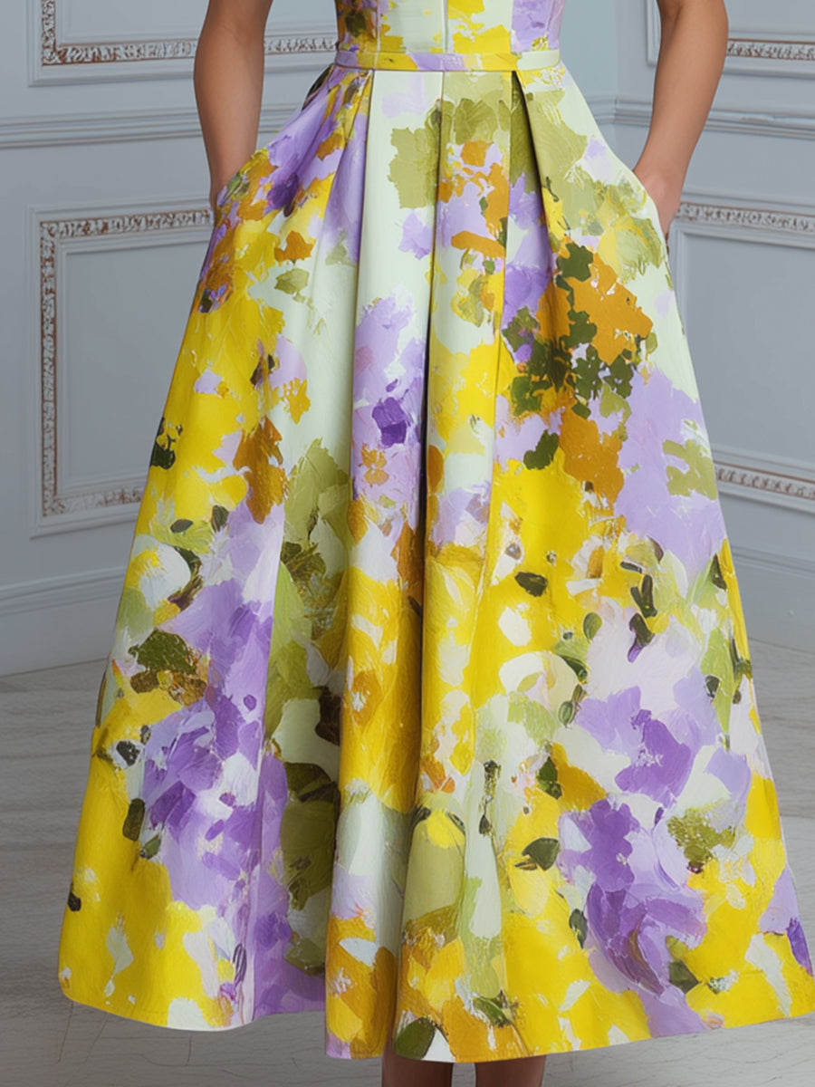High Neck Structured Floral A-Line Midi Dress