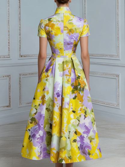 High Neck Structured Floral A-Line Midi Dress