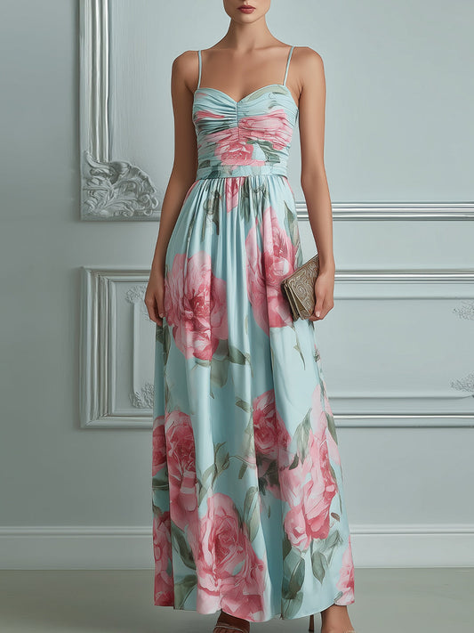 Spaghetti Strap Ruched Bodice Floral A-Line Maxi Dress
