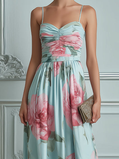 Spaghetti Strap Ruched Bodice Floral A-Line Maxi Dress
