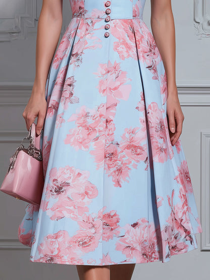 V-Neck Button Front Floral Sleeveless A-Line Midi Dress
