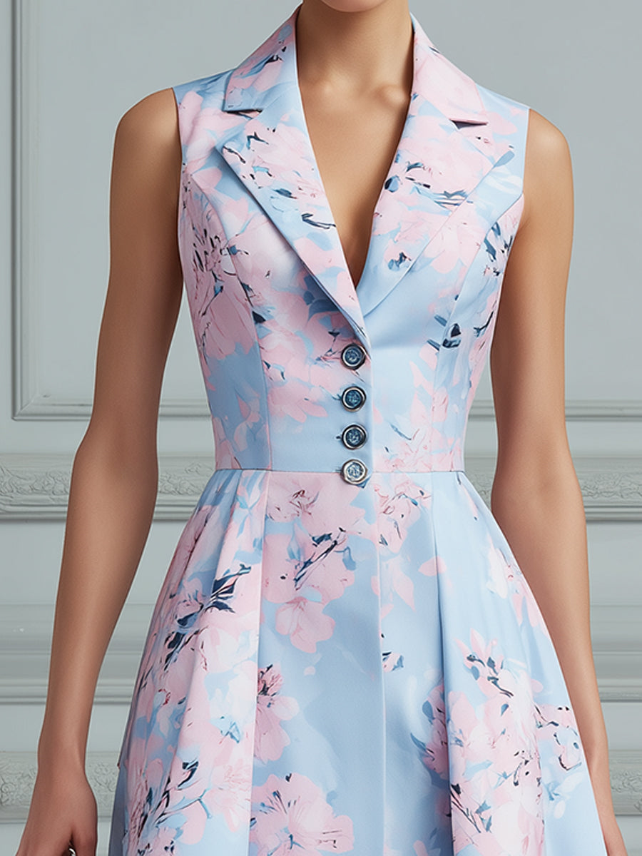 Notched Collar Button Front Floral Sleeveless A-Line Midi Dress