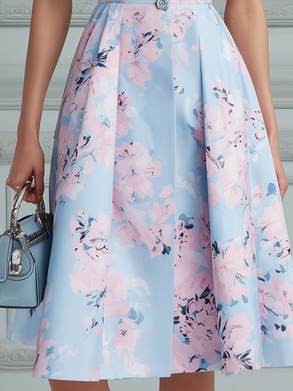Notched Collar Button Front Floral Sleeveless A-Line Midi Dress