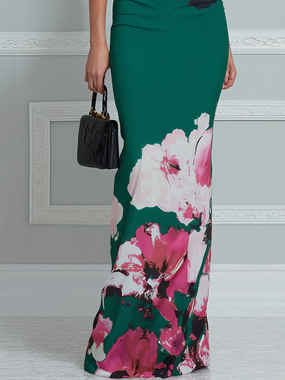Halter Neck Ruched Waist Floral Bodycon Maxi Dress